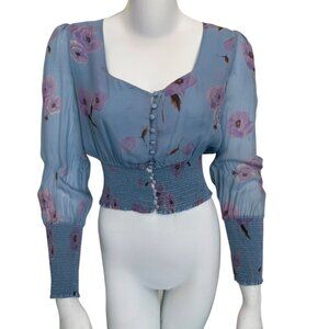 Intermix Silk Floral Smocked Crop Blouse Blue Purple Puff Sleeve Top Size S